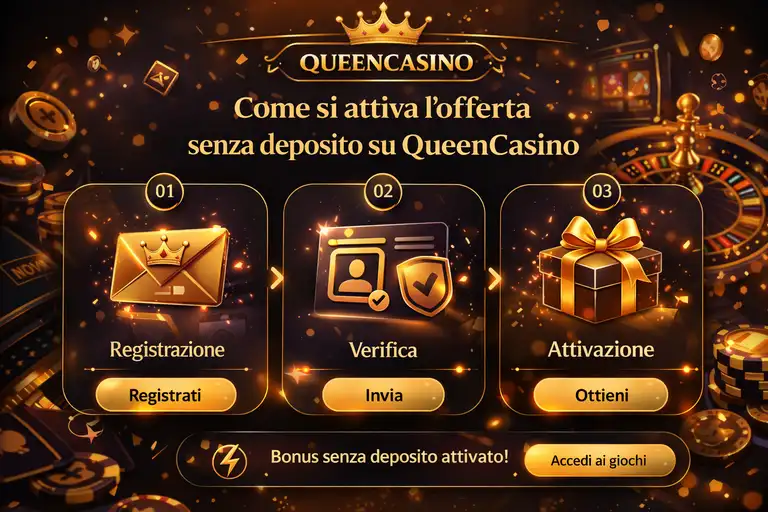 Procedura di attivazione del bonus senza deposito sul sito Queen Casino con trigger di registrazione, verifica documenti e accredito automatico