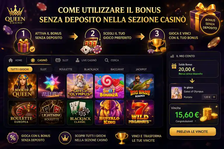 Giochi idonei per il bonus senza deposito nella sezione casinò Queen Casino con slot Greentube, Capecod e restrizioni su giochi da tavolo e live