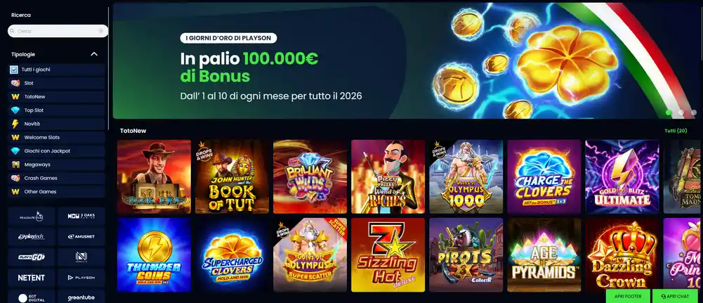 Sezione giochi del casinò Queen Casino con slot, tavoli live, giochi da tavolo e game show organizzati per fornitore e tema
