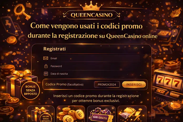 Inserimento del codice promo durante la registrazione su Queencasino online con campo dedicato nel flusso di creazione account