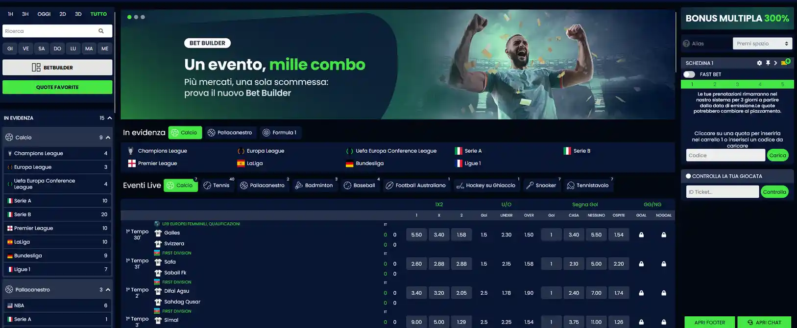 Sezione scommesse sportive su Queencasino online con eventi calcio, tennis, basket e scommesse sull'intrattenimento