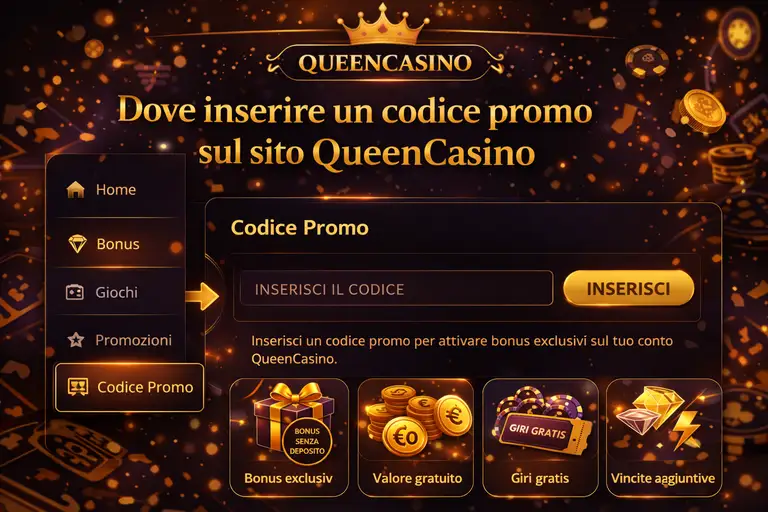 Posizioni del campo codice promo sul sito Queen Casino nel modulo di registrazione, sezione cassa e dashboard dell'account